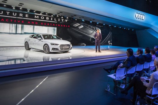 Dr. Dietmar Voggenreiter (Member of the Board of Management of AUDI AG for Marketing and Sales); next to the Audi A5 g-tron on the Geneva Motorshow 2017.