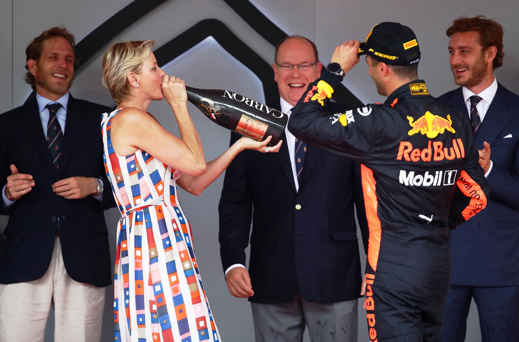 Princesa Charlene de Monaco on the podium during the Monaco Formula One Grand Prix at Circuit de Monaco on May 27, 2018 in Monte-Carlo, Monaco. (Photo by Mark Thompson/Getty Images) // Getty Images / Red Bull Content Pool // AP-1VSWFQZ1D2111 // Usage for editorial use only // Please go to www.redbullcontentpool.com for further information. //