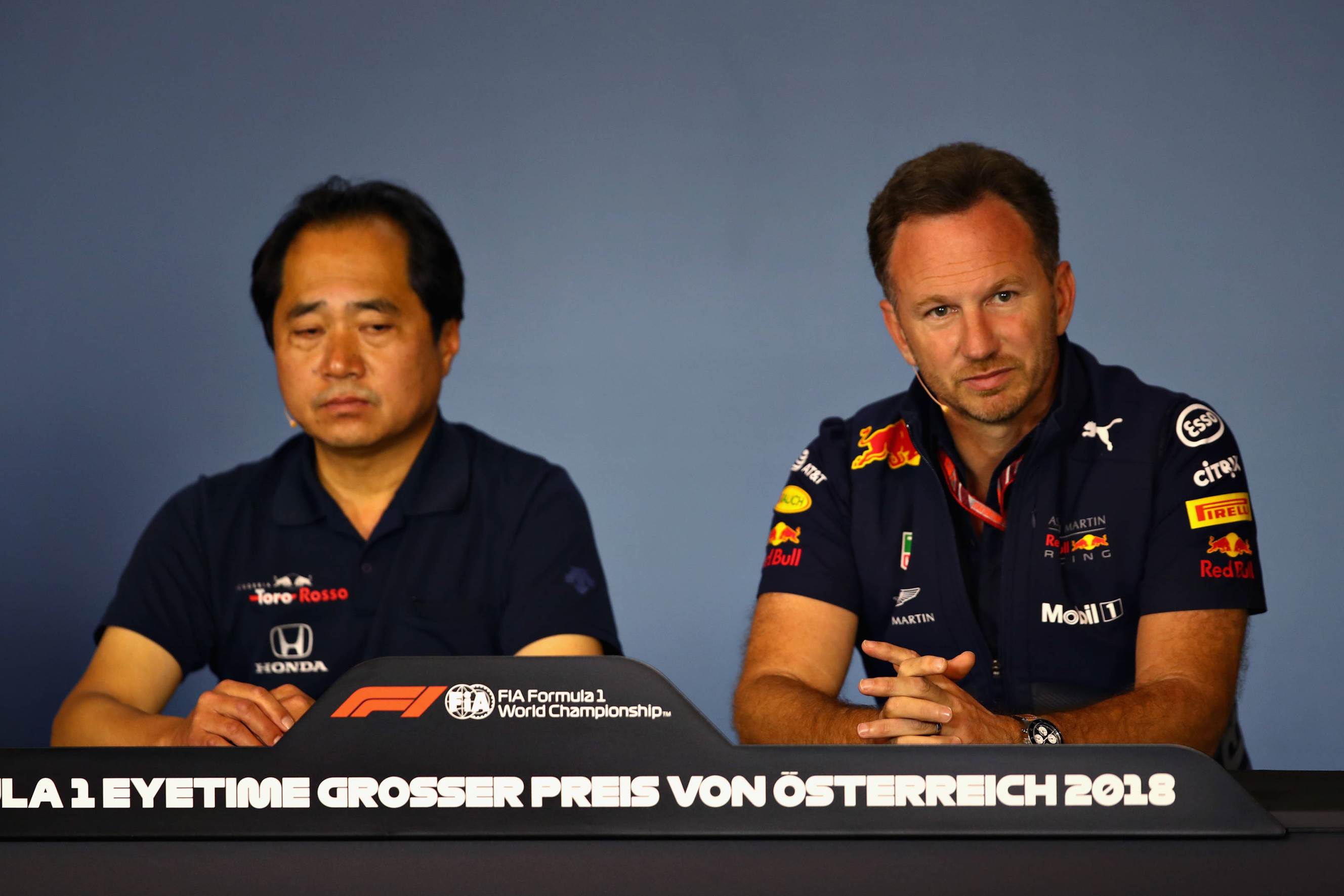 Christian Horner and Toyoharu Tanabe of Honda in the Team Principals Press Conference during practice for the Formula One Grand Prix of Austria at Red Bull Ring on June 29, 2018 in Spielberg, Austria. (Photo by Mark Thompson/Getty Images) // Getty Images / Red Bull Content Pool // AP-1W4G16XSN2111 // Usage for editorial use only // Please go to www.redbullcontentpool.com for further information. //