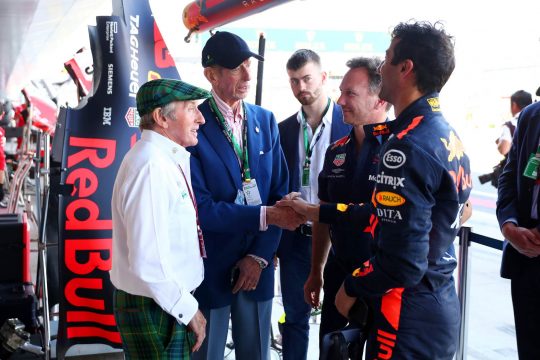 O escocês tricampeão mundial de F-1, Jackie Stewart and Prince Edward Duke of Kent in the Pitlane during practice for the Formula One Grand Prix of Great Britain at Silverstone on July 6, 2018 in Northampton, England. (Photo by Dan Istitene/Getty Images) // Getty Images / Red Bull Content Pool // AP-1W6PQXU6W1W11 // Usage for editorial use only // Please go to www.redbullcontentpool.com for further information. //